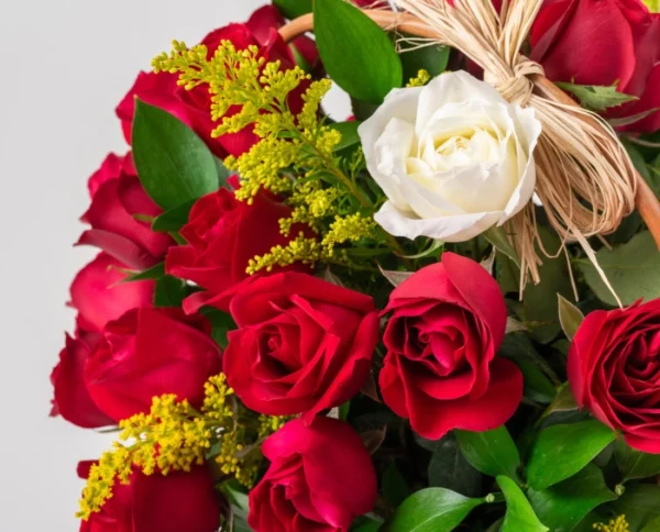 Cesta com 39 Rosas Vermelhas e 1 Rosa Solitária de outra cor e Chocolate - Image 2